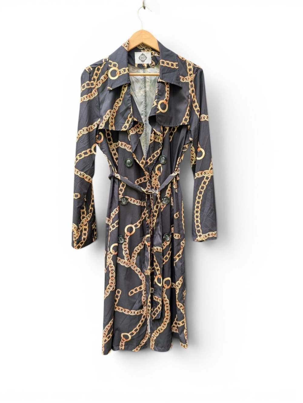 Modest & Posh Chain Print Trench Blouse in Black and Gold